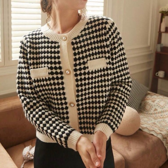 Knit Mix Elegant Knit French Cardigan, Plaid Pattern Pearl Button Front Sweater - Picture 7 of 11